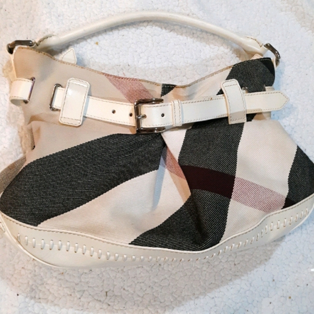 Authentic Burberry Hobo Chalk White Plaid Bag